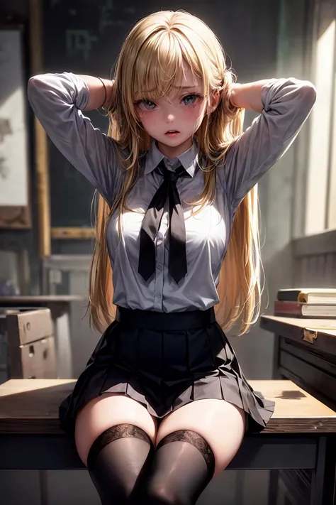 (masterpiece, best quality), 1girl, solo,sitting on a desk, beautiful face, blonde hair, torn clothes, torn legwear, dark school uniform, black thighhighs, moldy room, scared,crying, terrified face, itricate details, tied arms behind head, dark atmosphere, danger, <lora:add_detail:1>