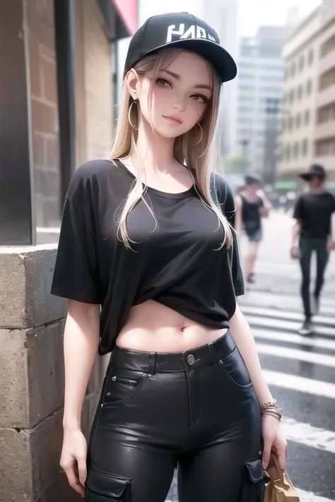 (dalcefo),
ultra resolution,
(realistic:1.8),
(1 slim girl), stylish girl, fashion,
young face, blush, (evil smile),
(slim) thigh,
baseball cap, earrings,
(black T-shirt), (baggy cargo pants),
street dance, dance on street, dance pose, dancing, gravure,
rainy city street,