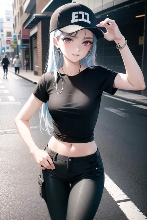 dalcefo,
ultra resolution,
(realistic),
(1 slim girl), stylish girl, fashion,
young face, blush, (evil smile),
(slim) thigh,
baseball cap, earrings,
(black T-shirt), (baggy cargo pants),
street dance, dance on street, dance pose, dancing, gravure,
rainy city street,