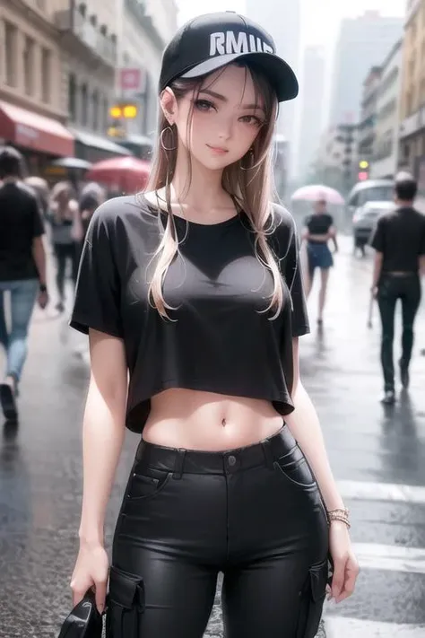 (dalcefo),
ultra resolution,
(realistic:1.7),
(1 slim girl), stylish girl, fashion,
young face, blush, (evil smile),
(slim) thigh,
baseball cap, earrings,
(black T-shirt), (baggy cargo pants),
street dance, dance on street, dance pose, dancing, gravure,
rainy city street,