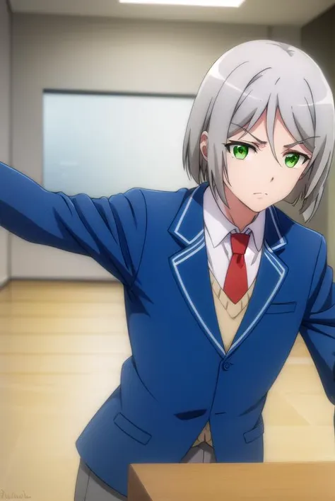 broodlevkaiser, <lora:brood lev kaiser s2-lora-nochekaiser:1>,
brood lev kaiser, (green eyes:1.3), grey hair, male focus,
BREAK school uniform, jacket, necktie, pants, formal, suit, blue jacket, red necktie,
BREAK indoors, classroom,
BREAK looking at viewer,
BREAK <lyco:GoodHands-beta2:1>, (masterpiece:1.2), best quality, high resolution, unity 8k wallpaper, (illustration:0.8), (beautiful detailed eyes:1.6), extremely detailed face, perfect lighting, extremely detailed CG, (perfect hands, perfect anatomy),