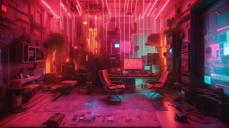 yberpunk hacker living room covered in screens and cables, with a desk in the far back shot from a <lora:Isometric Cutaway:0.8> Isometric Cutaway page with a <lora:Cyber_Background_sdxl:0.8> style background, (Volumetric lighting, Ray tracing, 8K wallpaper, Cinematic, ultra detailed,ray casting, Hyper realistic photography:2)