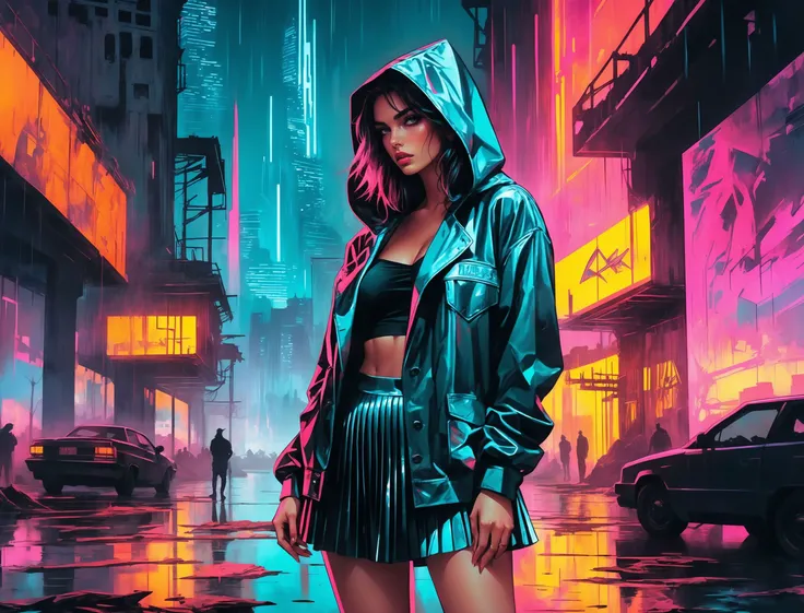 (a girl with a beautiful face), nighttime, cyberpunk city, dark, raining, neon lights ((,Wearing a blazer over a hoodie)), blazer, hoodie, (<lora:Cyber_Background_sdxl:0.5>), cyberpunk, synthwave, 1980s, futurism, brutalism, neuromancer, cinematic photo in a shark tank, analog, the contrast in colors and textures should be distinct highly detailed, surreal, vibrant yet slightly desaturated, faded film, desaturated, 35mm photo, grainy, vignette, vintage, Kodachrome, Lomography, stained, highly detailed, found footage,(crystal lingerie,pleated skirt),Amid the ruins of a once-majestic fortress, a soldier pauses, her silhouette ghostly against the backdrop of shifting terrains that oscillate between detailed battle maps and molten landscapes, Tornado, Barren trees, Menacing,