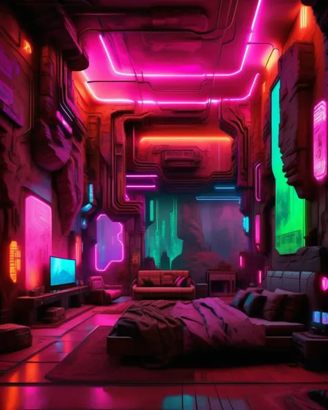 (a cyberpunk interior design ), Electro-magnetic canyonlands, towering rock formations pulsating with energy, casting neon hues. , cyberpunk style environment <lora:Cyber_Background_sdxl:1.0>