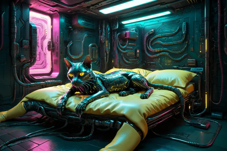 cyborg cat sleeping on bed, cyberpunk bedroom, by HR Giger, by Gil Elvgren, cables, wires, synthwave, vaporwave, teal, magenta, neon_yellow, circuit board, dark futuristic <lora:add-detail-xl:1> <lora:xl_more_art-full_v1:0.8><lora:Dark_Futuristic_Circuit_Boards:0.8> <lora:Cyber_Background_sdxl:0.5>, (masterpiece:1.2), best quality, (hyperdetailed, highest detailed:1.2), high resolution textures, <lora:EnvyBetterHiresFixXL01:1>
