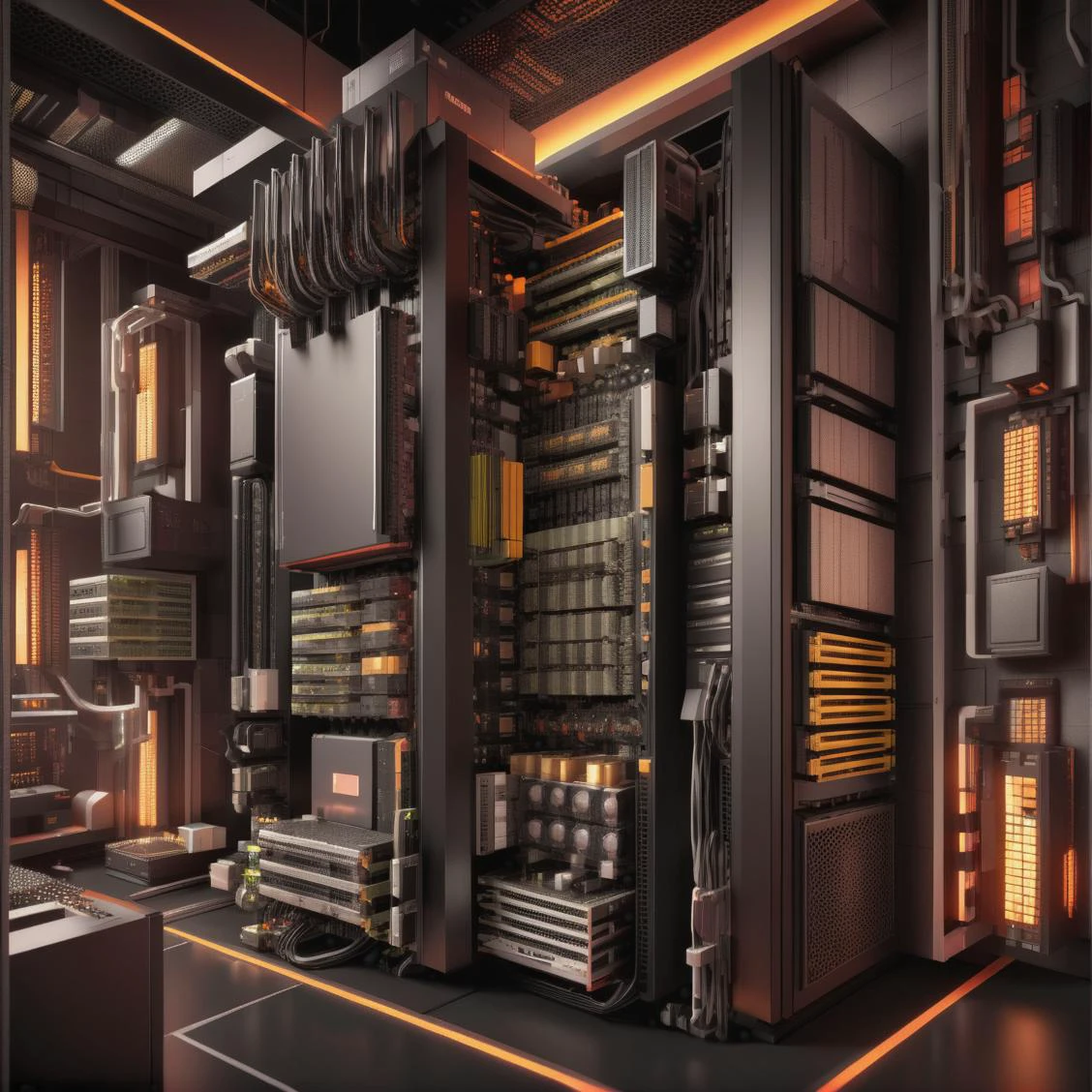 <lora:Isometric Cutaway:0.8> Isometric Cutaway page Isometric Cutaway page of a Server showing the different components on the server, (<lora:Cyber_Background_sdxl:0.8> background), shades, volumetric lighting, very detailed, very sharp, dark and grim, (Volumetric lighting, Ray tracing, 8K wallpaper, Cinematic, ultra detailed,ray casting, Hyper realistic photography:2)