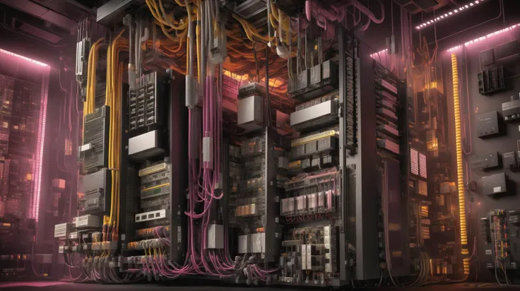 <lora:Isometric Cutaway:0.8> Isometric Cutaway page Isometric Cutaway page of a Server showing the different components on the server, (<lora:Cyber_Background_sdxl:0.8> background), shades, volumetric lighting, very detailed, very sharp, dark and grim, Low hanging fog, (Varied collor hue:1), ((Different colored cables)), (Volumetric lighting, Ray tracing, 8K wallpaper, Cinematic, ultra detailed,ray casting, Hyper realistic photography:2)