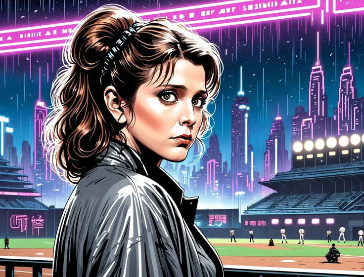 (Carrie Fisher), nighttime, cyberpunk city, dark, raining, neon lights , (<lora:itoStyleLycoris:0.5>,<lora:Cyber_Background_sdxl:0.5>), cyberpunk, synthwave, 1980s, futurism, brutalism, neuromancer, cinematic photo in a baseball field, detailed hair, windblown hair, brown hair,looking away from the viewer,