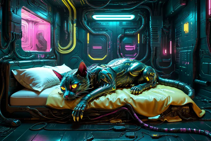 cyborg cat sleeping on bed, cyberpunk bedroom, by HR Giger, by Gil Elvgren, cables, wires, synthwave, vaporwave, teal, magenta, neon_yellow, circuit board, dark futuristic <lora:add-detail-xl:1> <lora:xl_more_art-full_v1:0.8><lora:Dark_Futuristic_Circuit_Boards:0.8> <lora:Cyber_Background_sdxl:0.5>, (masterpiece:1.2), best quality, (hyperdetailed, highest detailed:1.2), high resolution textures, <lora:EnvyBetterHiresFixXL01:1>