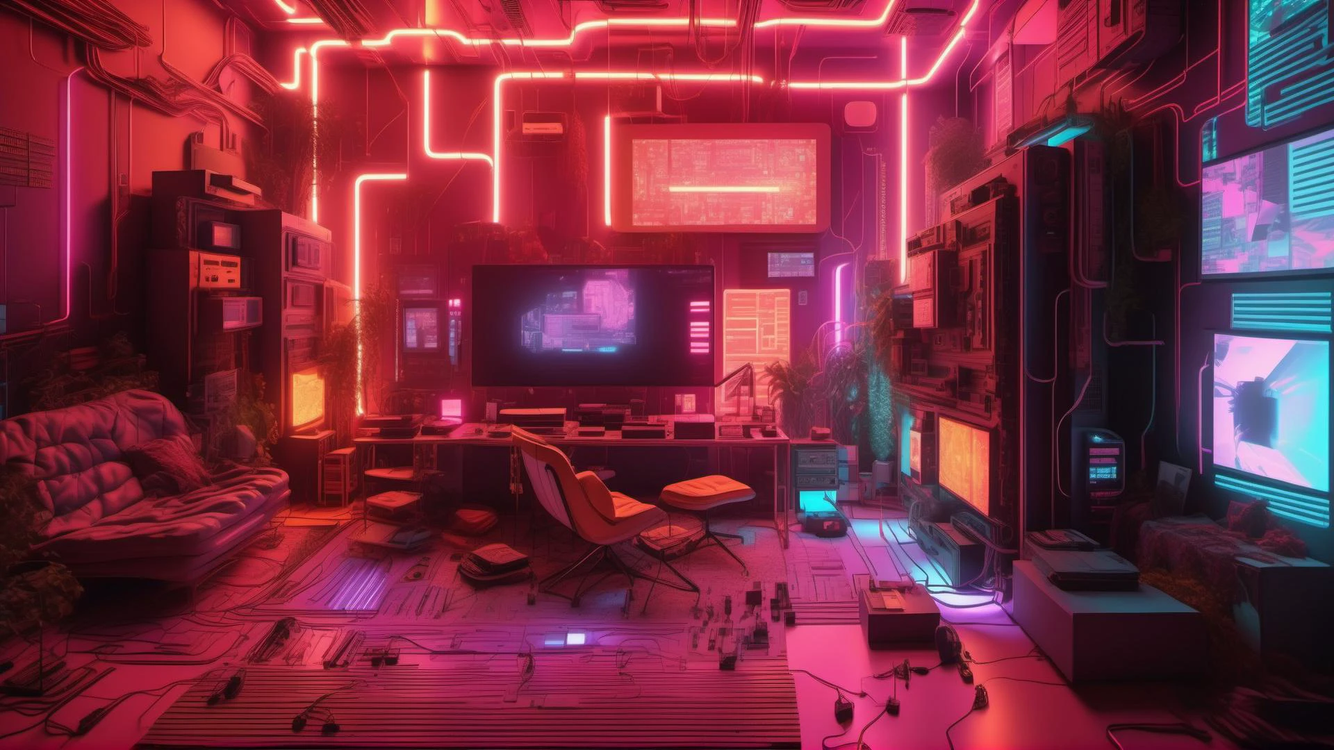 yberpunk hacker living room covered in screens and cables, with a desk in the far back shot from a <lora:Isometric Cutaway:0.8> Isometric Cutaway page with a <lora:Cyber_Background_sdxl:0.8> style background, (Volumetric lighting, Ray tracing, 8K wallpaper, Cinematic, ultra detailed,ray casting, Hyper realistic photography:2)