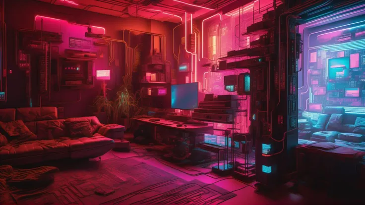 Cyberpunk hacker living room covered in screens and cables, with a desk in the far back shot from a <lora:Isometric Cutaway:0.8> Isometric Cutaway page with a <lora:Cyber_Background_sdxl:0.8> style background, (Volumetric lighting, Ray tracing, 8K wallpaper, Cinematic, ultra detailed,ray casting, Hyper realistic photography:2)