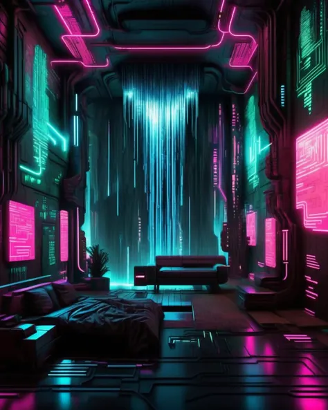 (a cyberpunk interior design ), Cybernetic waterfall, a cascade of cascading data and glowing code, symbolizing the fusion of man and machine. , cyberpunk style environment <lora:Cyber_Background_sdxl:1.0>