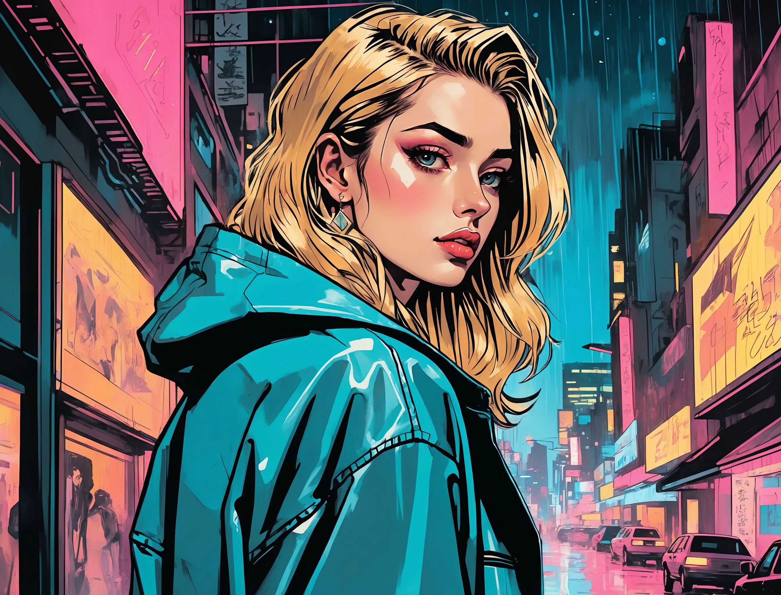 (a girl with a beautiful face), nighttime, cyberpunk city, dark, raining, neon lights ((,Wearing a blazer over a hoodie)), blazer, hoodie, (<lora:Cyber_Background_sdxl:0.5>), cyberpunk, synthwave, 1980s, futurism, brutalism, neuromancer, cinematic photo in a gold mine, Pastels, Chiaroscuro,((art by El Greco)),((pinkfong shark)),detailed hair, fashion mullet, dirty blonde hair,art by Adrian Tomine