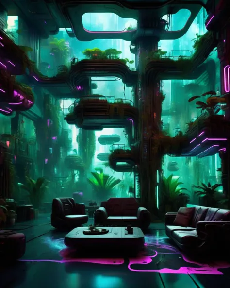 (a cyberpunk interior design ), Etheric gardens, floating islands of vegetation amidst a sea of swirling energy currents. , cyberpunk style environment <lora:Cyber_Background_sdxl:1.0>