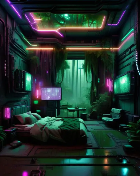 (a cyberpunk interior design ), Binary rainforest, where trees of light and shadow stretch into a starlit digital sky. , cyberpunk style environment <lora:Cyber_Background_sdxl:1.0>