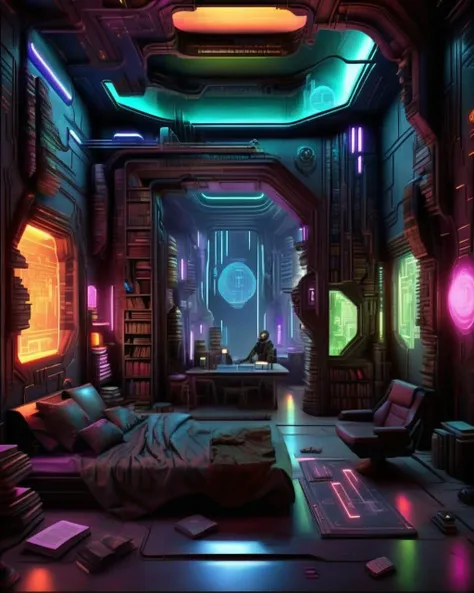 (a cyberpunk interior design ),(( An ancient library on an asteroid holds holographic books containing the collective knowledge of countless alien civilizations. )), cyberpunk style environment <lora:Cyber_Background_sdxl:1.0>