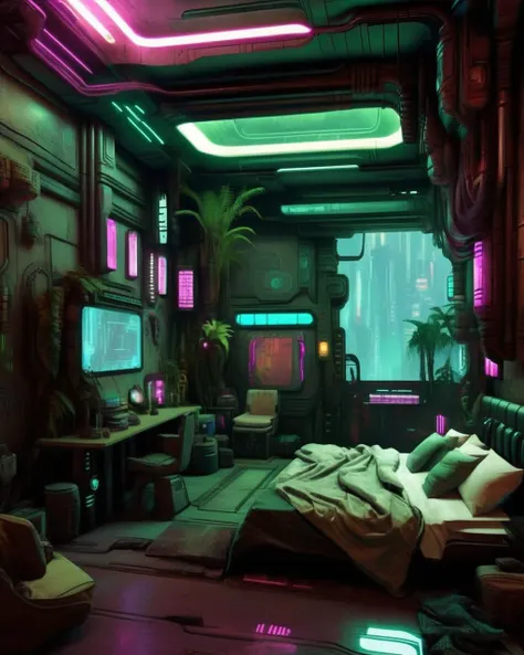 (a cyberpunk interior design ), Temporal oasis, a serene enclave where time slows, offering respite from the relentless march of reality. , cyberpunk style environment <lora:Cyber_Background_sdxl:1.0>