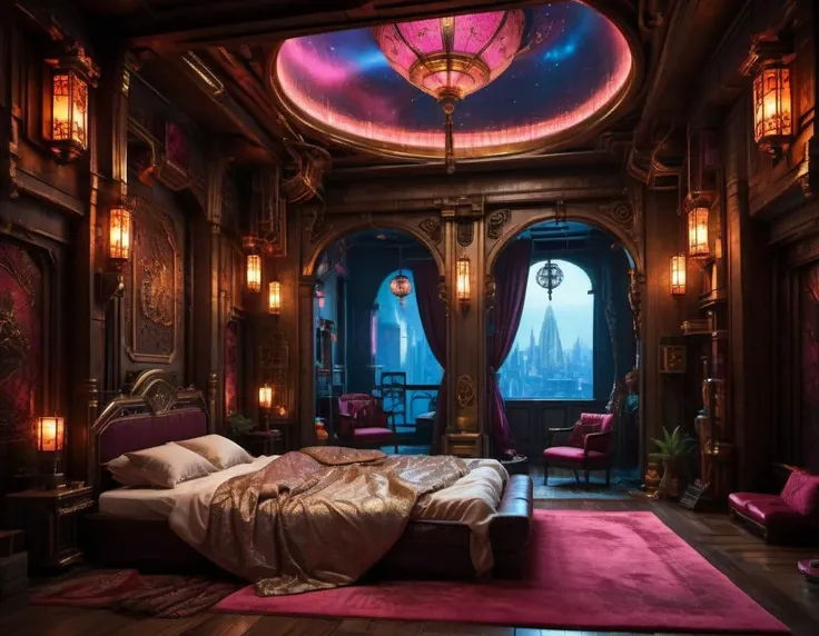 (masterpiece, best quality), hyper realistic, ultra photoreal, raw photo, photorealistic, ultra detailed, extremely detailed, intricately detailed, a beautiful medieval courtesan, solo, lying on a lavish and massive bed, she is well-educated and possesses a refined taste in art, <lora:RPGCourtesanXL:0.5>, heart, soft smile, beauty, elegant, sensual, delicate, fashionable, detailed beautiful face, perfect eyes, perfect lips, modern, surreal, dreamlike, atmospheric, moody, dramatic, complex, Victorian, Empire, iridescent, liquid clothes, <lora:Empire_SDXL_OnSite:0.5>, cyberpunk interior design, A room in a clockwork city crafted with intricate mechanisms by a top-tier independent watchmaker of the future, Outside the window lies an alien landscape, showcasing a city ravaged by gravitational anomalies, her room and interior decor strongly reflect the influence of Japonism, dark fantasy style, fractal nebula threads, Techno-wasteland, neon, <lora:Cyber_Background_sdxl:1.0>, (dynamic angle:1.4), dynamic composition, film grain, FujiFilm XT4, face focus,