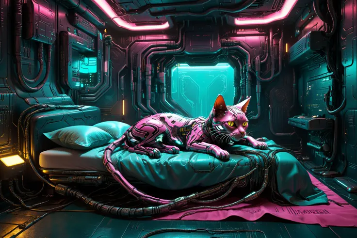 cyborg cat sleeping on bed, cyberpunk bedroom, by HR Giger, by Gil Elvgren, cables, wires, synthwave, vaporwave, teal, magenta, neon_yellow, circuit board, dark futuristic <lora:add-detail-xl:1> <lora:xl_more_art-full_v1:0.8><lora:Dark_Futuristic_Circuit_Boards:0.8> <lora:Cyber_Background_sdxl:0.5>, (masterpiece:1.2), best quality, (hyperdetailed, highest detailed:1.2), high resolution textures, <lora:EnvyBetterHiresFixXL01:1>