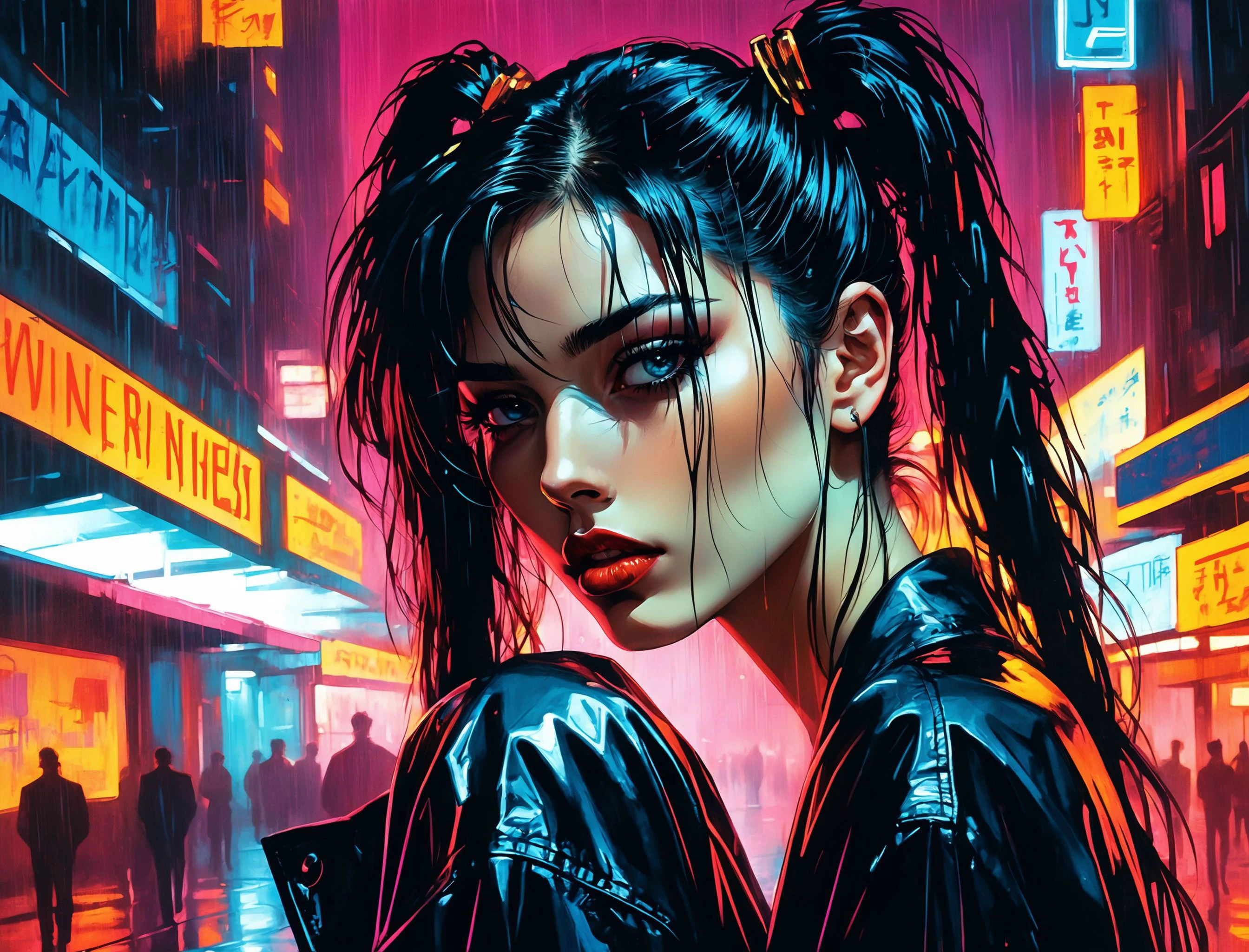 (a girl with a beautiful face), nighttime, cyberpunk city, dark, raining, neon lights , (<lora:Ben Aronson Style:0.5> Ben Aronson Style ,<lora:Cyber_Background_sdxl:0.5>), cyberpunk, synthwave, 1980s, futurism, brutalism, neuromancer, cinematic photo in a frat party, art by Antoine Le Nain, art by Antoine Verney-Carron,analog, the contrast in colors and textures should be distinct highly detailed, surreal, vibrant yet slightly desaturated, faded film, desaturated, 35mm photo, grainy, vignette, vintage, Kodachrome, Lomography, stained, highly detailed, found footage,alone in the darkness,detailed hair, pigtails, pitch black hair,lunging at the viewer,