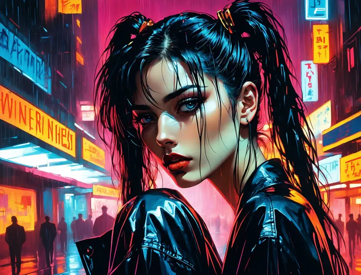 (a girl with a beautiful face), nighttime, cyberpunk city, dark, raining, neon lights , (<lora:Ben Aronson Style:0.5> Ben Aronson Style ,<lora:Cyber_Background_sdxl:0.5>), cyberpunk, synthwave, 1980s, futurism, brutalism, neuromancer, cinematic photo in a frat party, art by Antoine Le Nain, art by Antoine Verney-Carron,analog, the contrast in colors and textures should be distinct highly detailed, surreal, vibrant yet slightly desaturated, faded film, desaturated, 35mm photo, grainy, vignette, vintage, Kodachrome, Lomography, stained, highly detailed, found footage,alone in the darkness,detailed hair, pigtails, pitch black hair,lunging at the viewer,