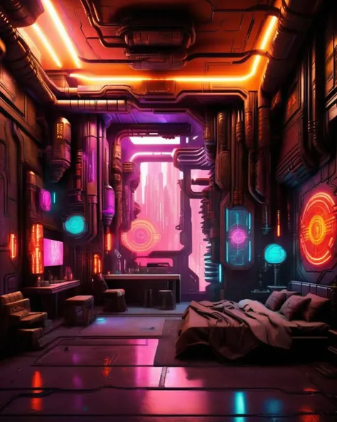 (a cyberpunk interior design ), Etheric forge, a cosmic foundry where stars are forged from primordial energy. , cyberpunk style environment <lora:Cyber_Background_sdxl:1.0>