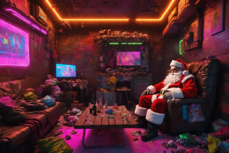 cyberpunk apartment, drunk santa sitting on coach watching TV, pile of garbage,neon light<lora:add-detail-xl:1> misc <lora:Cyber_Background_sdxl:1>, (masterpiece:1.2), best quality