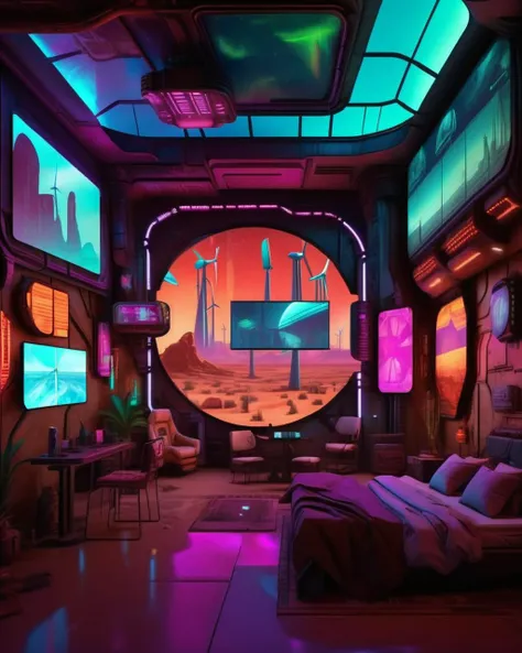 (a cyberpunk interior design ),(( A desert outpost features wind turbines beside holographic billboards, as alien travelers rest beneath a multi-mooned sky. )), cyberpunk style environment <lora:Cyber_Background_sdxl:1.0>