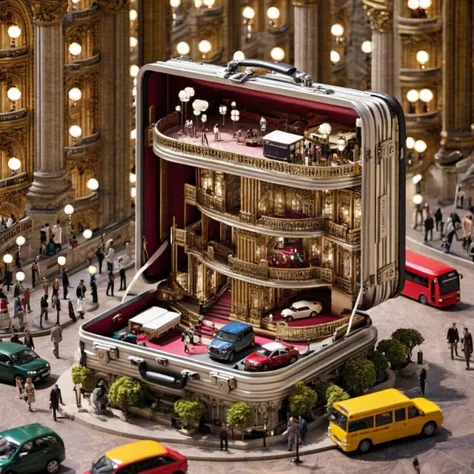 mini\(ttp\), a miniature of a model of a parallel aluminium grooves rimowa suitcase inside a Within (Palais Garnier in Paris), (Extravagant Performance Hall) ,Palais Garnier Grand Staircase, crowds and cars traffic ahead, road with traffic lights and (zebra crossing), (8k, RAW photo, best quality, masterpiece:1.2), landscape, miniature of Tanaka Tatsuya, close-up, landscape, isometric, incredibly detailed, a microscopic photo, Leica Macro-Adapter, photorealism, <lora:Microverse_Creator_sdxl:1.1> <lora:Cyber_Background_sdxl:0.7>
