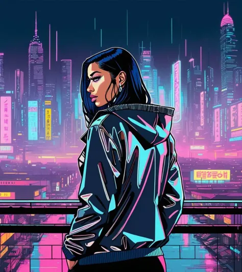 (Nicki Minaj,a girl with a beautiful face), nighttime, cyberpunk city, dark, raining, neon lights, ((Wearing a blazer over a hoodie)), blazer, hoodie,(cyberpunk 2077 cityscape), (<lora:pastel_colors_xl_v1:0.5> pastel colors ,<lora:Cyber_Background_sdxl:0.5>), cyberpunk 2077, cyberpunk, synthwave, 1980s, futurism, brutalism, neuromancer, cinematic photo,, art by Adrian Tomine,detailed hair, long hair, dark blue hair,very wide shot,,Pastels, Chiaroscuro