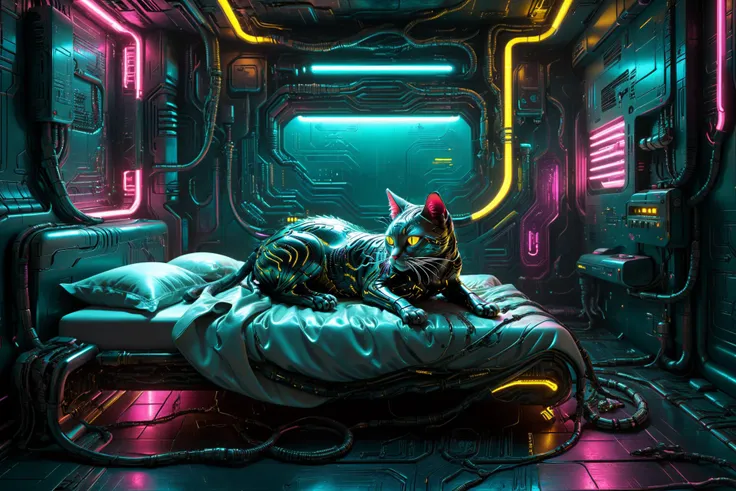 cyborg cat sleeping on bed, cyberpunk bedroom, by HR Giger, by Gil Elvgren, cables, wires, synthwave, vaporwave, teal, magenta, neon_yellow, circuit board, dark futuristic <lora:add-detail-xl:1> <lora:xl_more_art-full_v1:0.8><lora:Dark_Futuristic_Circuit_Boards:0.8> <lora:Cyber_Background_sdxl:0.5>, (masterpiece:1.2), best quality, (hyperdetailed, highest detailed:1.2), high resolution textures, <lora:EnvyBetterHiresFixXL01:1>