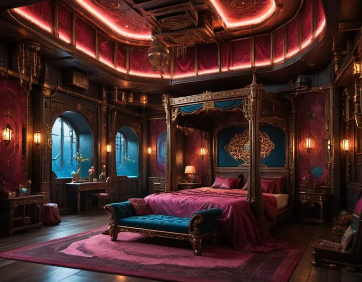 (masterpiece, best quality), hyper realistic, ultra photoreal, raw photo, photorealistic, ultra detailed, extremely detailed, intricately detailed, a beautiful medieval courtesan, solo, lying on a lavish and massive bed, she is well-educated and possesses a refined taste in art, <lora:RPGCourtesanXL:0.5>, heart, soft smile, beauty, elegant, sensual, delicate, fashionable, detailed beautiful face, perfect eyes, perfect lips, modern, surreal, dreamlike, atmospheric, moody, dramatic, complex, Victorian, Empire, iridescent, liquid clothes, <lora:Empire_SDXL_OnSite:0.5>, cyberpunk interior design, A room in a clockwork city crafted with intricate mechanisms by a top-tier independent watchmaker of the future, Outside the window lies an alien landscape, showcasing a city ravaged by gravitational anomalies, her room and interior decor strongly reflect the influence of Japonism, dark fantasy style, fractal nebula threads, Techno-wasteland, neon, <lora:Cyber_Background_sdxl:0.9>, (dynamic angle:1.4), dynamic composition, film grain, FujiFilm XT4, face focus,
