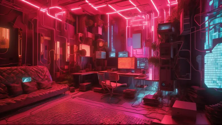 yberpunk hacker living room covered in screens and cables, with a desk in the far back shot from a  <lora:Isometric Cutaway:0.8> Isometric Cutaway page with a  <lora:Cyber_Background_sdxl:0.8> style background, (Volumetric lighting, Ray tracing, 8K wallpaper, Cinematic, ultra detailed,ray casting, Hyper realistic photography:2)