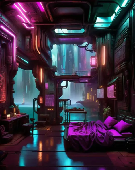 (a cyberpunk interior design ), Etheric harbor, where ships sail upon shimmering currents of energy between realms. , cyberpunk style environment <lora:Cyber_Background_sdxl:1.0>
