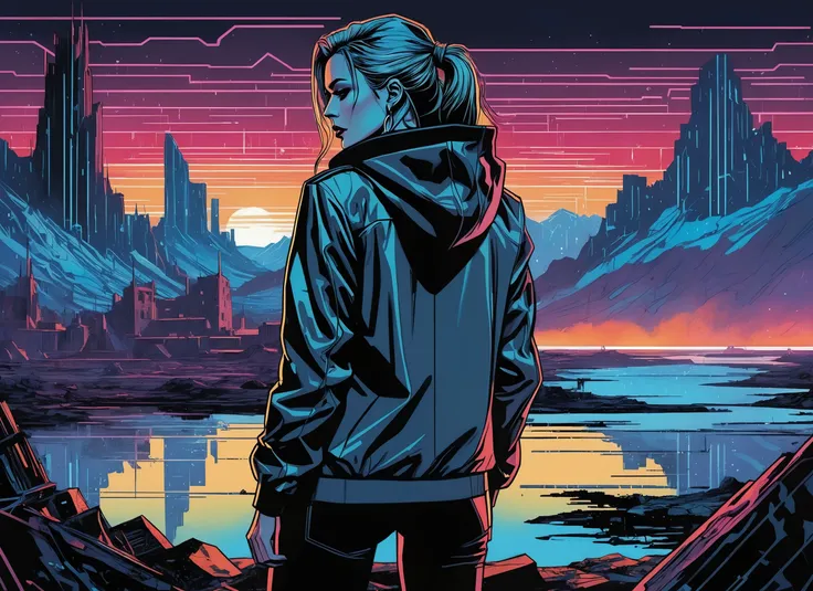 (TIFFANI), nighttime, cyberpunk city, dark, raining, neon lights ((,Wearing a blazer over a hoodie)), blazer, hoodie, (<lora:Cyber_Background_sdxl:0.5>,<lora:Syd Mead Style:0.5> Syd Mead Style), cyberpunk, synthwave, 1980s, futurism, brutalism, neuromancer, cinematic photo in Iceland, up close ready to kiss you,,art by Adrian Tomine,Radial balance, Sunrise, Water, Ellipse, ultra detailed, intricate,,Amid the ruins of a once-majestic fortress, a soldier pauses, her silhouette ghostly against the backdrop of shifting terrains that oscillate between detailed battle maps and molten landscapes, Tornado, Barren trees, Menacing,,(wearing a sports bra)