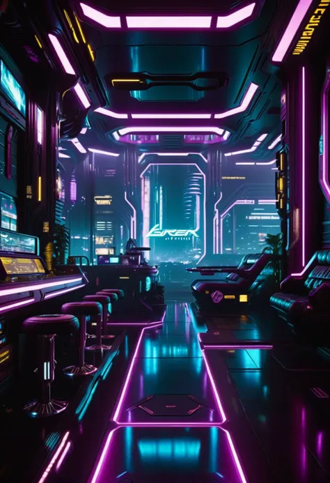 cinematic photo Cyberpunk Environments, interiors, Cyberpunk 2077, futuristic interior design, 35mm photograph, film, bokeh, professional, 4k, highly detailed,