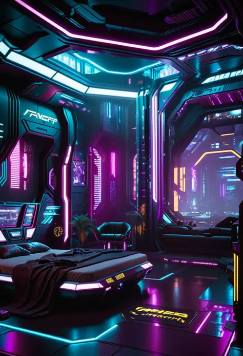 cinematic photo Cyberpunk Environments, interiors, Cyberpunk 2077, futuristic interior design, home, bed, 35mm photograph, film, bokeh, professional, 4k, highly detailed,