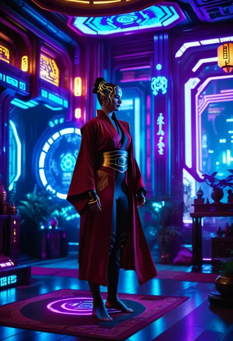 cinematic photo Cyberpunk Environments, interiors, photograph, full-figured (cyberpunk interior design:1.1) , 😝 as a Airbender, Movement pose, she has a Enticing Sephardic Handkerchief, at Twilight, kabuki actors, exploration of nature and animals, Disney concept art, futuristic interior design, 35mm photograph, film, bokeh, professional, 4k, highly detailed,