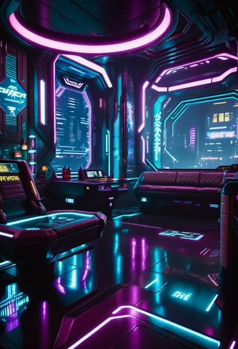cinematic photo Cyberpunk Environments, interiors, Cyberpunk 2077, futuristic interior design, 35mm photograph, film, bokeh, professional, 4k, highly detailed,