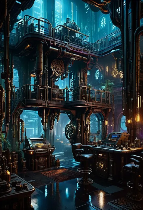 cinematic photo Cyberpunk Environments, interiors, by Ian McQue, photograph, cyberpunk interior design, Bathed in shadows, in focus, Steampunk, industrial landscapes, intricate mechanical designs, intricate details, D&D, futuristic interior design, 35mm photograph, film, bokeh, professional, 4k, highly detailed,