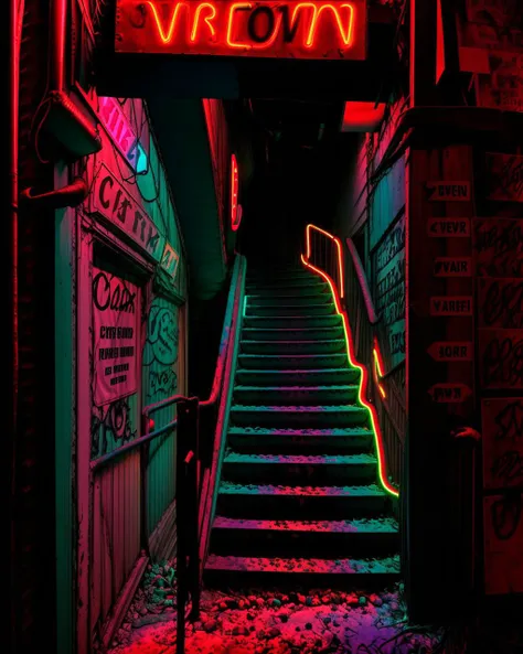 a stairway way with neon signs and stairs leading up to a building with a neon sign