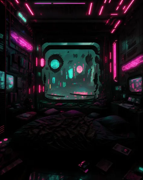 a room with a bed and a window with a view of a city at night and a person in the distance, Eve Ryder, unreal 5, concept art, retrofuturism, Elsa Bleda, cyberpunk style, cyberpunk art, photorealism,