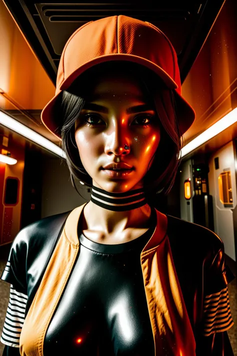 close up portrait , a woman with a tangerine hat and a falu-red shirt, , cyberpunk , cybermosque interior, rendered in unrealengine