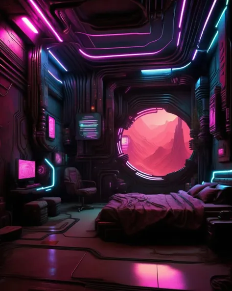 (a cyberpunk interior design ), Gravitational dunes, shifting hills of gravity anomalies that defy conventional physics. , cyberpunk style environment <lora:Cyber_Background_sdxl:1.0>