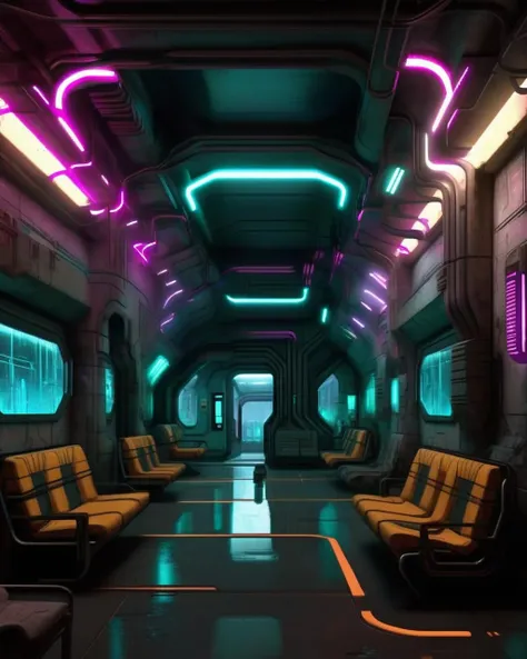 a cyberpunk interior design , A subterranean transit hub features maglev trains that navigate through tunnels adorned with luminescent mineral formations. , cyberpunk style environment <lora:Cyber_Background_sdxl:1.0>