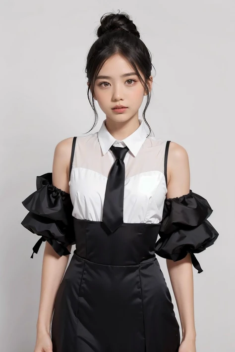 1girl, black  random formal attire, white background,    <lora:lilypichu-02:1>