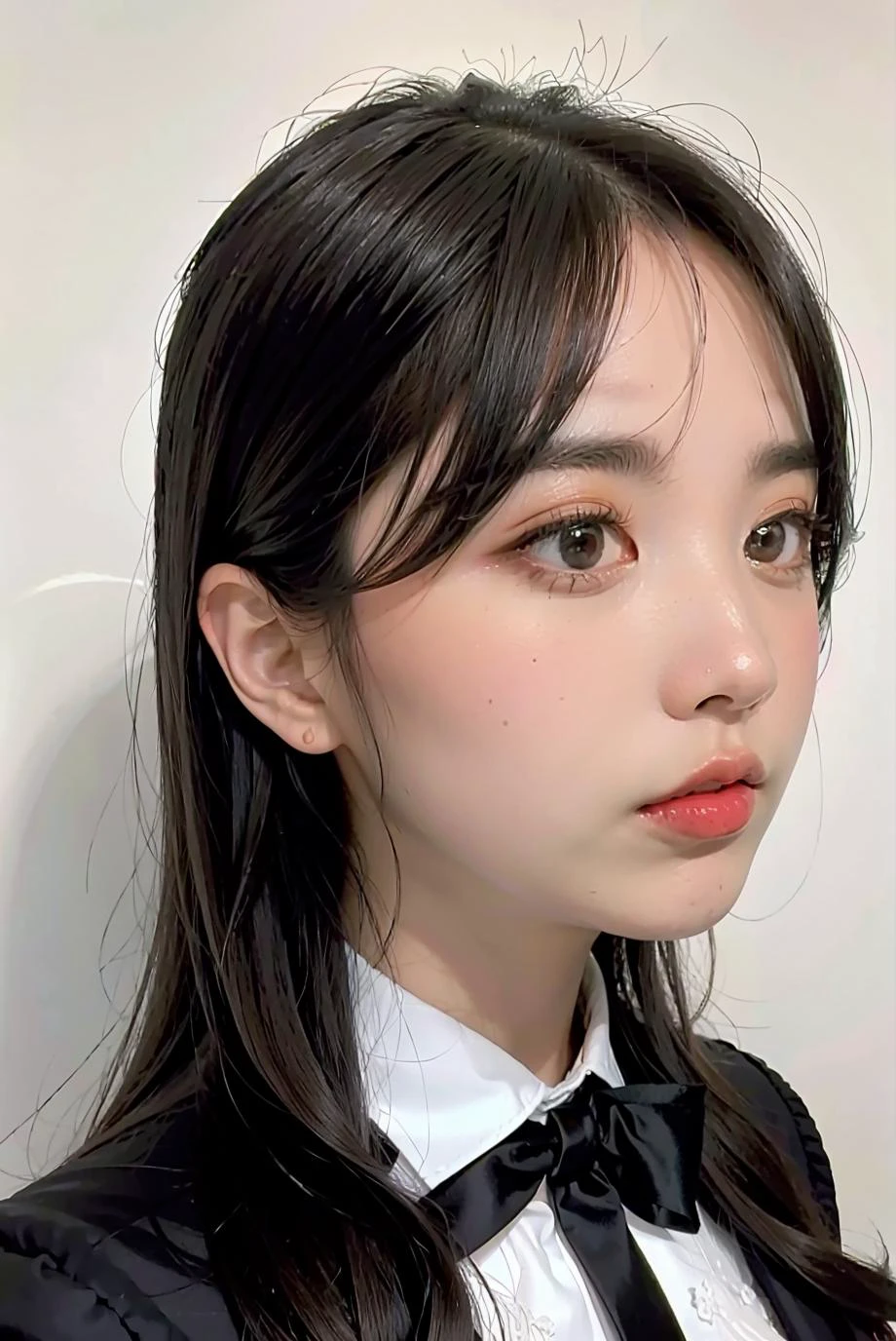 1girl, black formal attire, white background, <lora:lilypichu-04:1>