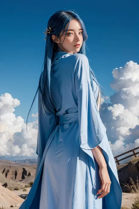 masterpiece, best quality, 1girl, long hair, blue hair, arms behind back, blue eyes, heavenly clouds, long wizard robe, flames, <lora:lilypichu-02:1>