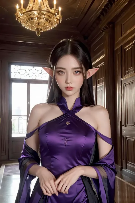 (masterpiece), best quality, expressive eyes, perfect face, high-elf, female, black hair, purple eyes, fit body, in the palace, <lora:lilypichu-02:1>