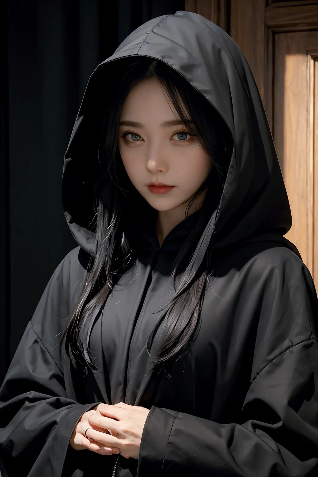 (masterpiece), best quality, expressive eyes, perfect face, ((female)), token, upper body, shaded eyes, black hooded cultist, black cloak, <lora:lilypichu-02:1>